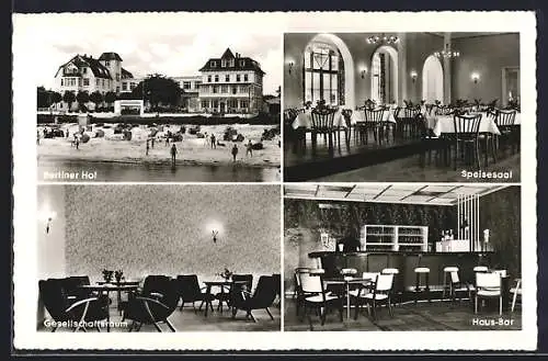 AK Scharbeutz, Hotel Berliner Hof, Speisesaal, Gesellschaftsraum und Haus-Bar