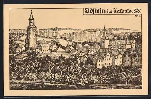 Künstler-AK Idstein im Taunus, Zeichnung der Stadt