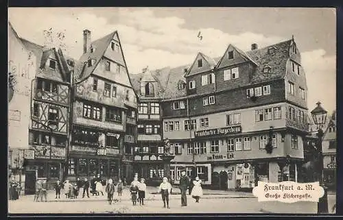 AK Alt-Frankfurt, Freiheitsbrunnen u. alte Häuser mit Gasthaus zum Rosen-Eck, Gr. Fischergasse 16 u. 18