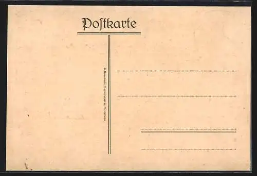 Künstler-AK Buxtehude, Ortsansicht mit vermenschlichtem Hasen, der übers Feld rennt