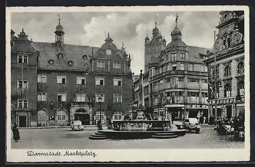 AK Darmstadt, Marktplatz mit Brunnen