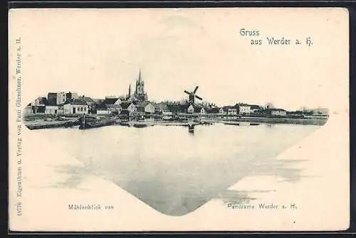 AK Werder a. H., Panorama mit Windmühlen