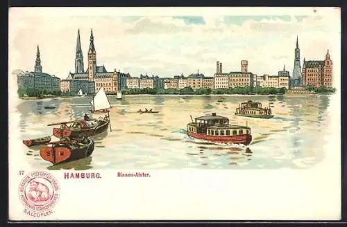 Lithographie Hamburg-Neustadt, Binnen-Alster mit Booten