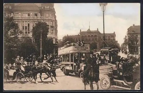 AK Berlin, Strasse am Potsdamer Platz mit Pferdekutschen und Strassenbahn