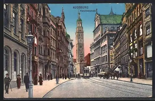 AK Augsburg, Strasse am Perlachturm und Rathaus, Strassenbahn