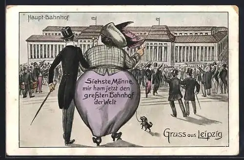 AK Leipzig, dicke Frau verdeckt den Bahnhof mit ihren Hintern