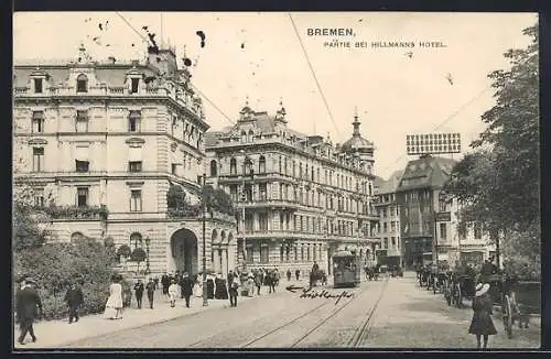 AK Bremen, Partie bei Hillanns Hotel mit Strassenbahn
