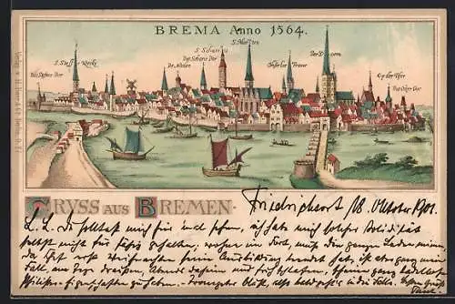 Lithographie Bremen, Gesamtansicht anno 1564