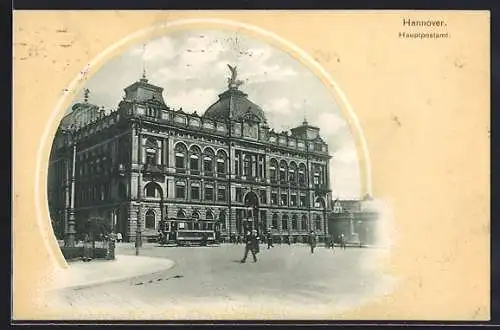 AK Hannover, Strassenbahn vor dem Hauptpostamt