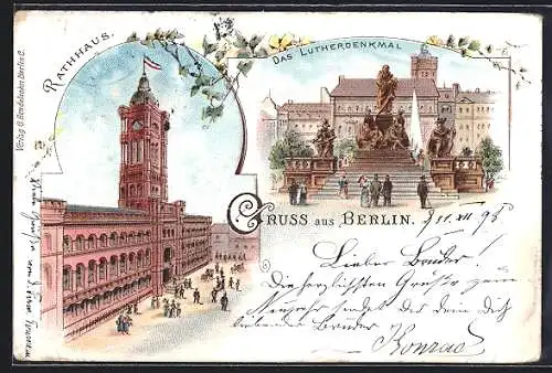 Lithographie Berlin, Neuer Markt mit Lutherdenkmal, Rotes Rathaus
