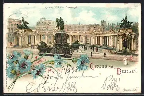 Lithographie Berlin, Partie am Kaiser Wilhelm Denkmal