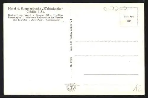 AK Colditz i. Sa., Hotel und Sommerfrische Waldschänke, Bes. Hugo Vogel