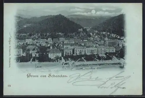 Mondschein-AK Schandau, Ortsansicht aus der Vogelschau