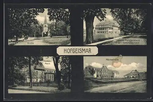 AK Hofgeismar, Neues Pensionshaus am Gesundbrunnen, Damenheim, Männerheim und Kirche