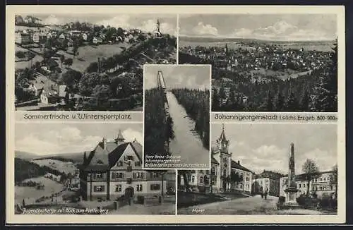 AK Johanngeorgenstadt i. Erzgeb., Jugendherberge, Markt und Hans Heinz-Schanze