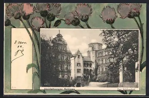 AK Heidelberg, Schloss mit Schlosshof, Blumen-Passepartout