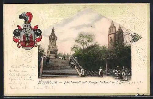 AK Magdeburg, Fürstenwall mit Kriegerdenkmal und Dom, Passepartout mit Wappen