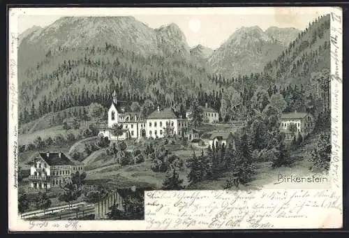 Lithographie Birkenstein, Panorama mit den Bergen