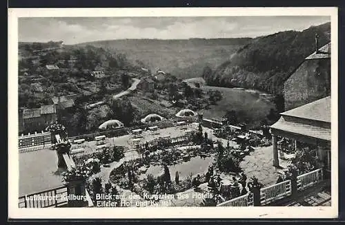 AK Kyllburg, Kurgarten des Hotels Eifeler Hof und Blick ins Kylltal