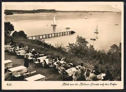 AK Kiel, Blick von der Bellevue-Terrasse auf den Hafen mit Segelbooten