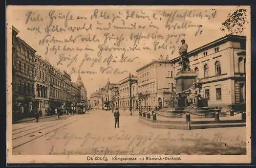 AK Duisburg, Königsstrasse mit Bismarck-Denkmal