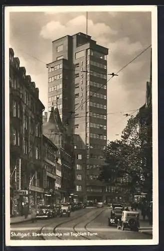 AK Stuttgart, Eberhardstrasse mit Tagblatt-Turm