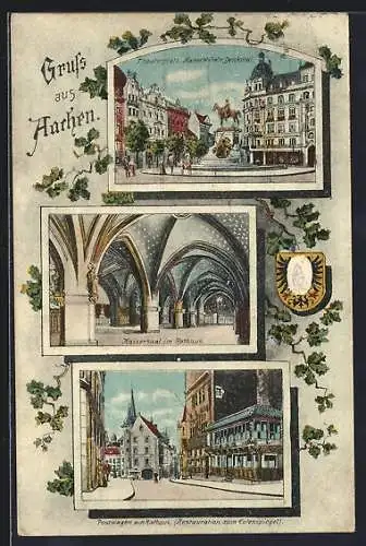 AK Aachen, Kaisersaal im Rathaus, Postwagen am Rathaus