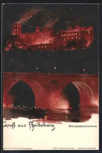 Lithographie Heidelberg, Schloss und Brücke bei nächtlicher Beleuchtung
