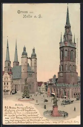 AK Halle a. S., Marktplatz mit Kirche und Pferdebahn