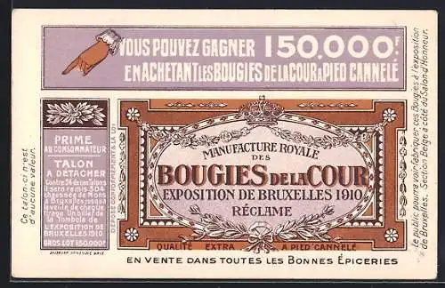 Künstler-AK Bruxelles, Exposition de Bruxelles 1910, Manufacture Royale des Bougies de la Cour, Reklame