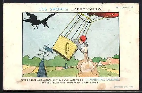 Künstler-AK sign. B. Rabier: Les Sports - Aérostation, Phosphatine Falières, Scherz, Ballon