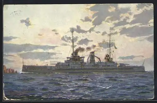 Künstler-AK Kriegsschiff S.M.S. Rheinland nahe der Küste