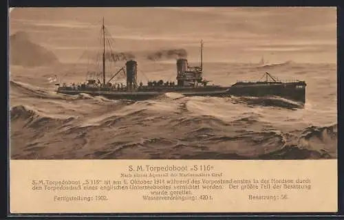 Künstler-AK S. M. Torpedoboot S 116 auf rauer See