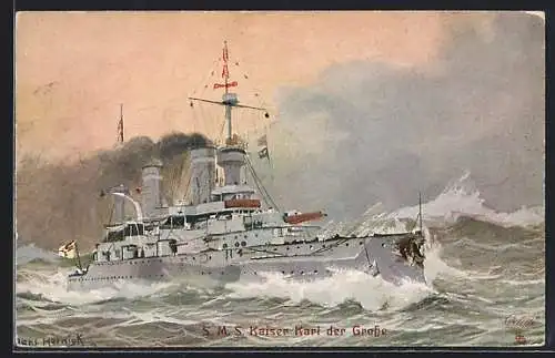 Künstler-AK Hans Hörnigk: Kriegsschiff SMS Kaiser Karl der Grosse