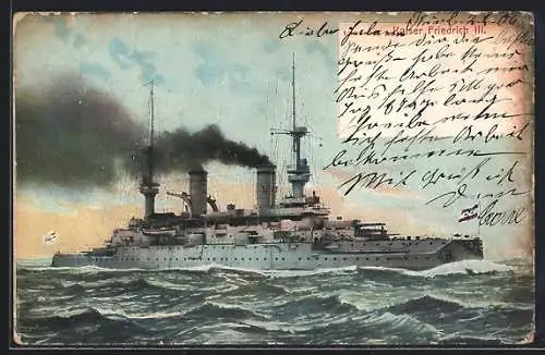 AK Kriegsschiff Kaiser Friedrich III. auf hoher See