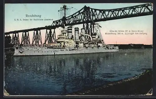 AK Rendsburg, Kriegsschiff SMS Hessen die Hochbrücke passierend