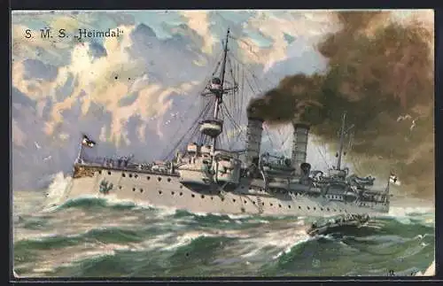 AK Kriegsschiff S.M.S. Heimdahl mit rauchenden Schloten