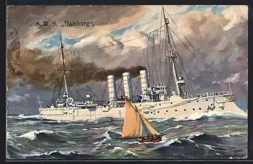 Künstler-AK Kriegsschiff SMS Hamburg in rauer See