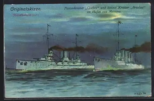 AK Messina, Panzerkreuzer SMS Goeben und Kleiner Kreuzer SMS Breslau liegen im Hafen 1914