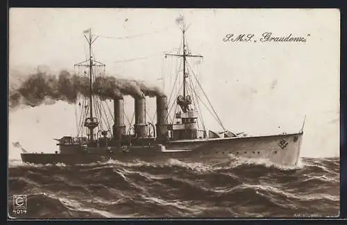 Künstler-AK Kleiner Kreuzer S.M.S. Graudenz, Kriegsschiff auf rauer See