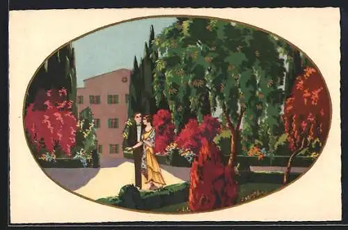 AK Elegantes Paar in einem herrschaftlichen Park im Spätsommer, Art Deco