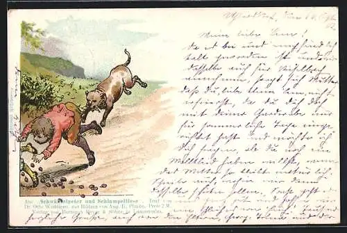 Lithographie Schwänzelpeter und Schlumpelliese von Otto Weddingen, Verlag Hermann Beyer & Söhne, Szenenbild mit Hund