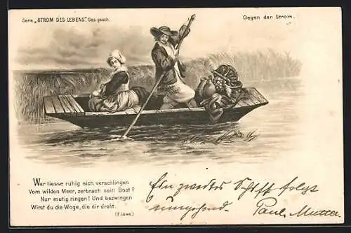 Lithographie Gegen den Strom, Serie Strom des Lebens, Kahnfahrt
