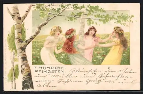 Lithographie Fröhliche Pfingsten!, Mädchen tanzen Ringelreihen