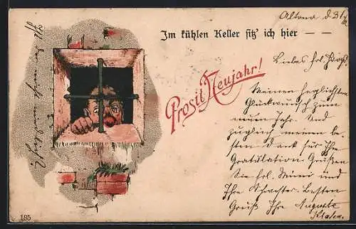 Lithographie In kühlen Keller sitz ich hier..., Gefängnisinsasse, Neujahrsgruss