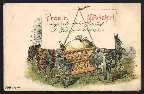 Lithographie Wagen mit Geldsack, Sektflasche und auseinanderstrebenden Pferden, Neujahrsgruss