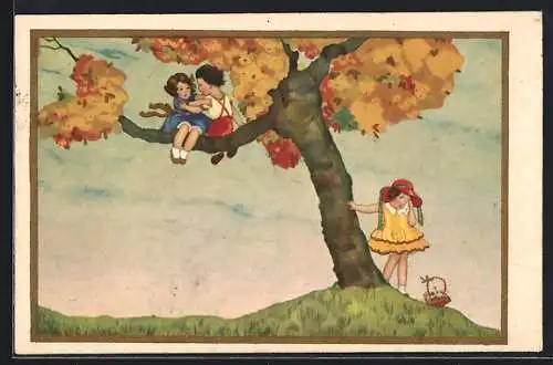 AK Kinderpaar auf einem Baum und weinendes Mädchen, Art Deco