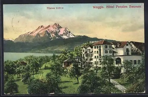 AK Weggis, Hôtel Pension Baumen mit Blick zum Pilatus