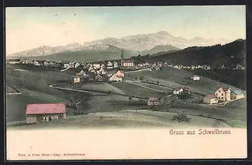 AK Schwellbrunn, Ortsansicht mit Berglandschaft