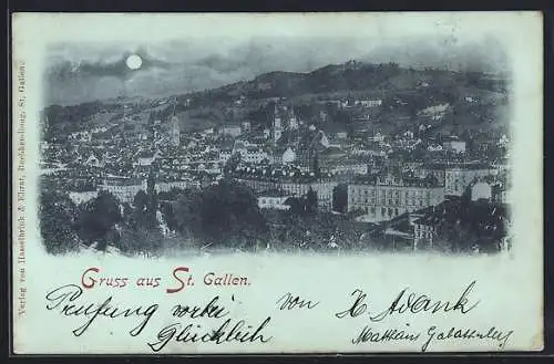 Mondschein-AK St. Gallen, Blick über die Dächer